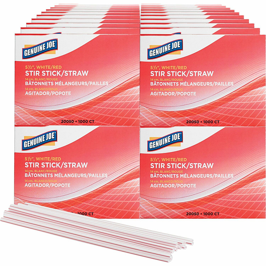 Genuine Joe 5-1/2" Plastic Stir Stick/Straws 5.5" Length - Plastic - White - 1000/Box - 40 / Carton (GJO20050CT)