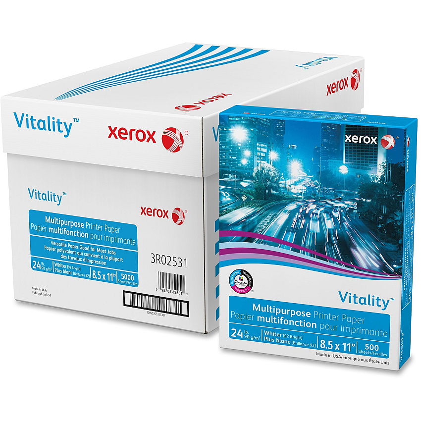 Xerox Vitality Multipurpose Printer Paper - White 92 Brightness - Letter - 8 1/2" x 11" - 24 lb Basis Weight - Sustainable Forestry Initiative (SFI) - Jam-free, Low Dusting, Precision-cut Edge, ColorLok Technology - White - 500 Sheets per Ream - (3R02531)
