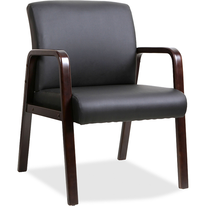 Lorell Upholstered Guest Chair Black Seat Color - Bonded Leather Seat Material - Black Back Color - Bonded Leather Back Material - Espresso Frame Color - Solid Wood Frame Material - Four-legged Base - Armrest - 1 Each (LLR40201)