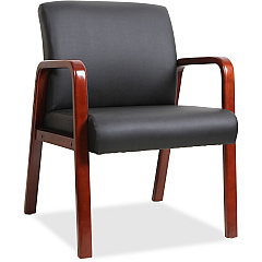Lorell Upholstered Guest Chair Black Seat Color - Bonded Leather Seat Material - Black Back Color - Bonded Leather Back Material - Mahogany Frame Color - Solid Wood Frame Material - Four-legged Base - Armrest - 1 Each (LLR40202)