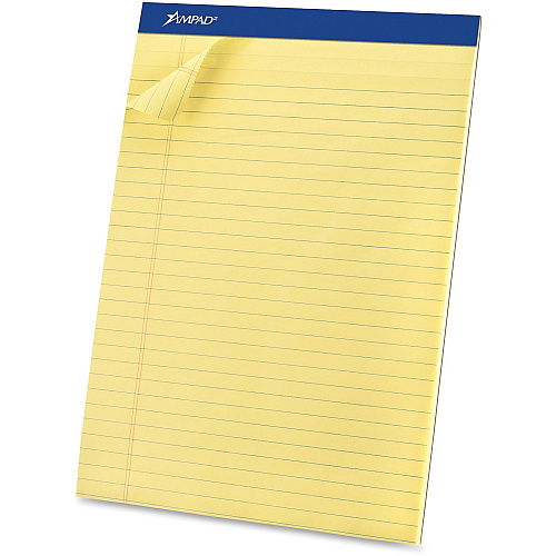 Ampad Basic Perforated Writing Pads - Legal 50 Sheets - Stapled - 0.34" Ruled - 15 lb Basis Weight - Legal - 8 1/2" x 11 1/2" Sheet Size x 8.5" Width x 11.8" Length - Canary Yellow Paper - Dark Blue Binding - Sturdy Back, Chipboard Backing, Micro  (20260)