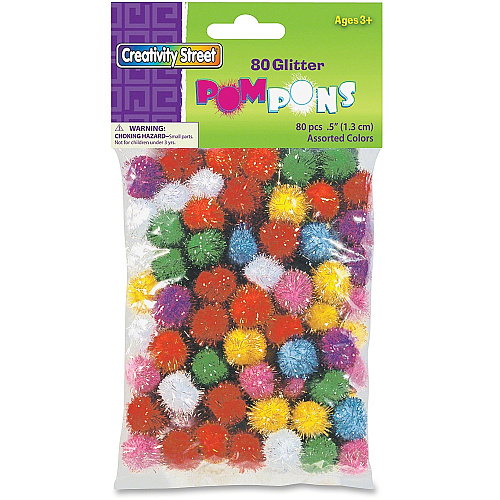 Creativity Street 1/2" Glitter PomPons Art, Craft, Decoration, Jewelry, ClassRoom Project - 80 Piece(s) x 0.5" Diameter - Assorted - Acrylic - 80 / Pack (811601)