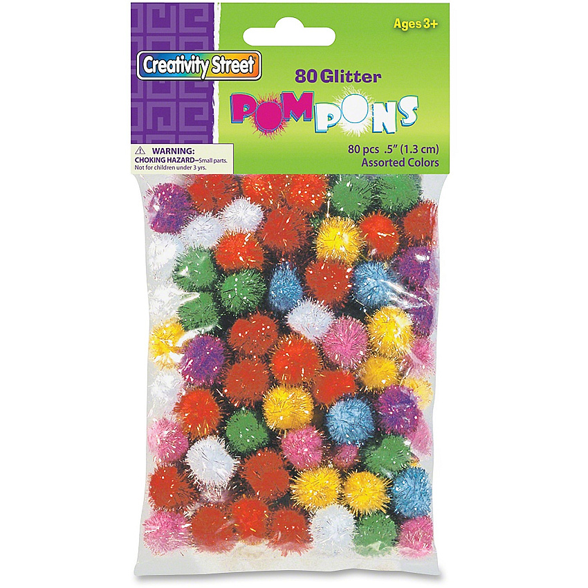 Creativity Street 1/2" Glitter PomPons Art, Craft, Decoration, Jewelry, ClassRoom Project - 80 Piece(s) x 0.5" Diameter - Assorted - Acrylic - 80 / Pack (811601)