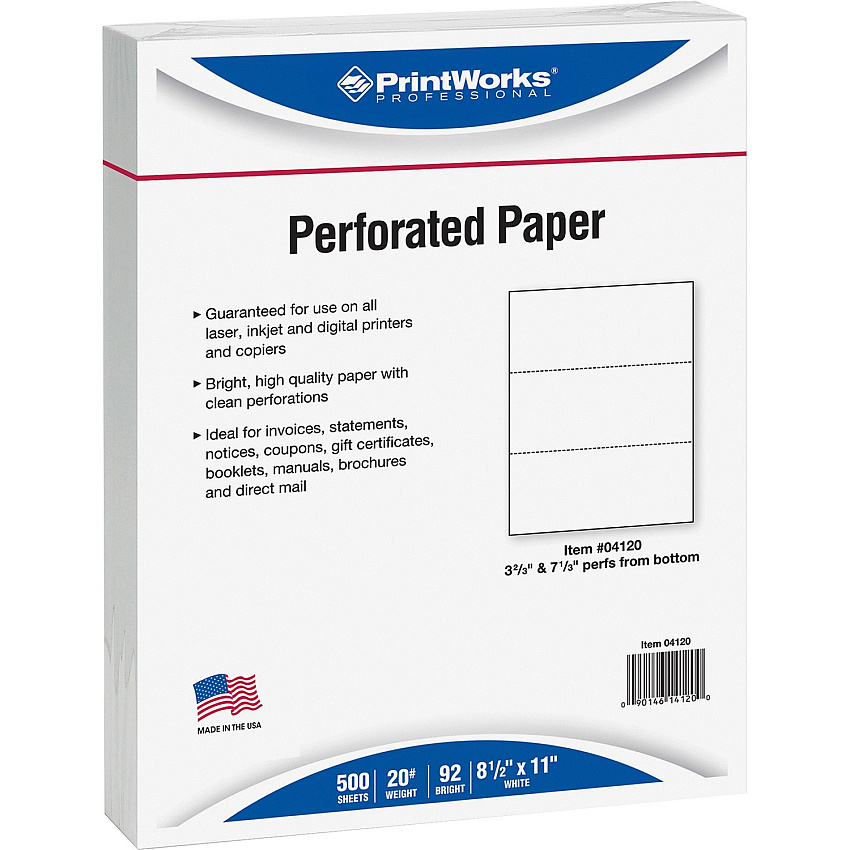 Printworks Pre-Perforated Paper for Invoices, Statements, Gift Certificates & More Letter - 8 1/2" x 11" - 20 lb Basis Weight - Sustainable Forestry Initiative (SFI) - Perforated - White - 500 / Ream (04120)