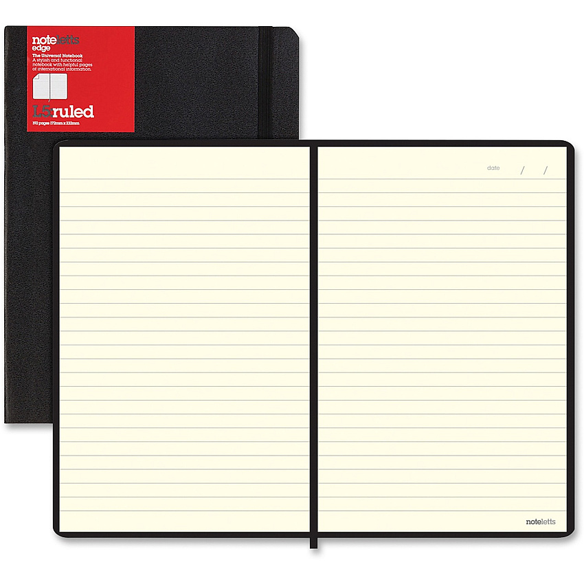 Letts L5 Ruled Notebook Sewn x 9" Width x 6" Length - Black Cover - Elastic Closure, Flexible Cover, Pocket - 1 Each (LEN5ERBK)