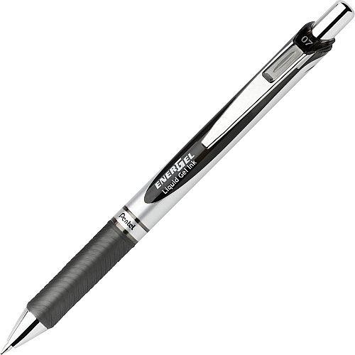 Pentel EnerGel RTX Liquid Gel Pens 0.7 mm Medium Pen Point - Refillable - Retractable - Black Ink - Gel-based - Silver Barrel - Metal Tip - 12 / Dozen (BL77ADZ)