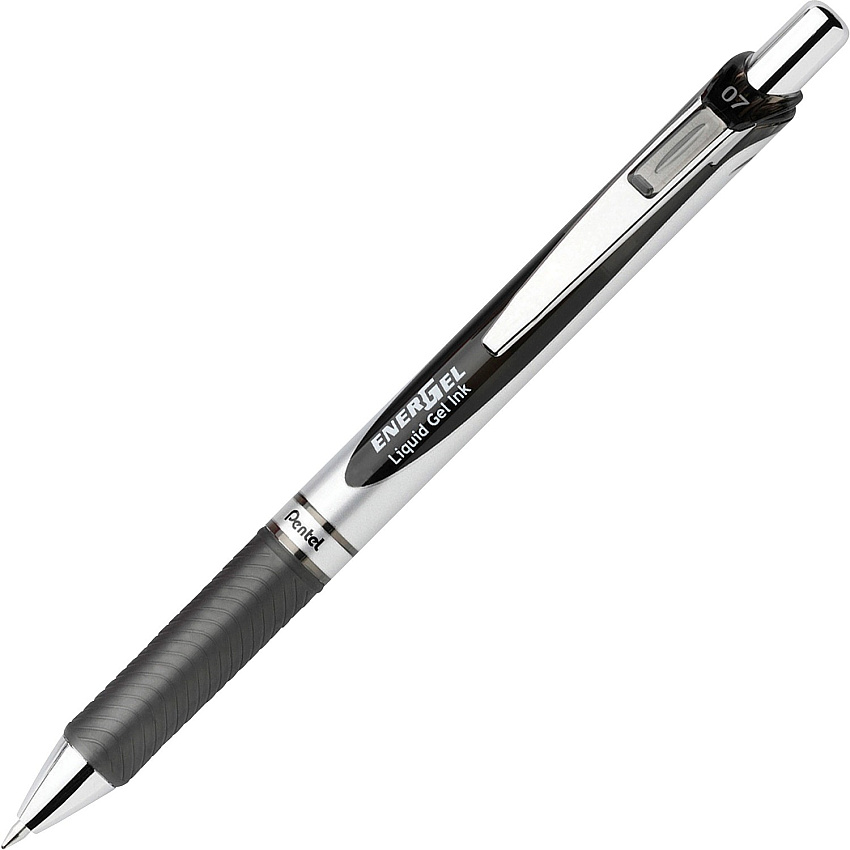 Pentel EnerGel RTX Liquid Gel Pens 0.7 mm Medium Pen Point - Refillable - Retractable - Black Ink - Gel-based - Silver Barrel - Metal Tip - 12 / Dozen (BL77ADZ)