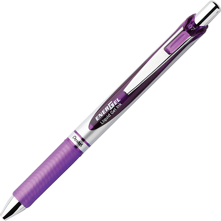 Pentel EnerGel RTX Liquid Gel Pens 0.7 mm Medium Pen Point - Refillable - Retractable - Violet Ink - Gel-based - Silver Barrel - Metal Tip - 12 / Dozen (BL77VDZ)