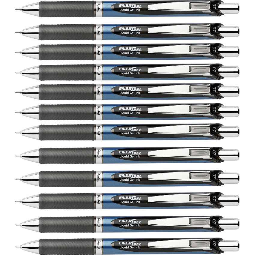 Pentel EnerGel RTX Liquid Gel Pen 0.7 mm Medium Needle Pen Point - Refillable - Retractable - Black Ink - Gel-based - Black, Stainless Steel, Blue Barrel - Metal Tip - 12 / Dozen (BLN77ADZ)