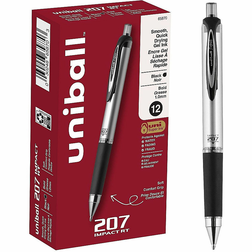 uni-ball uniball™ 207 Impact RT Gel Pens 1 mm Bold Pen Point - Refillable - Retractable - Black Ink - Gel-based - Metallic Barrel - 12 / Dozen (65870DZ)