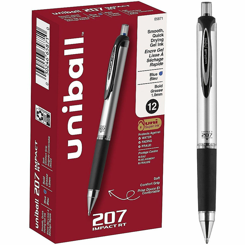 uni-ball uniball™ 207 Impact RT Gel Pens 1 mm Bold Pen Point - Refillable - Retractable - Blue Ink - Gel-based - Metallic Barrel - 12 / Dozen (65871DZ)