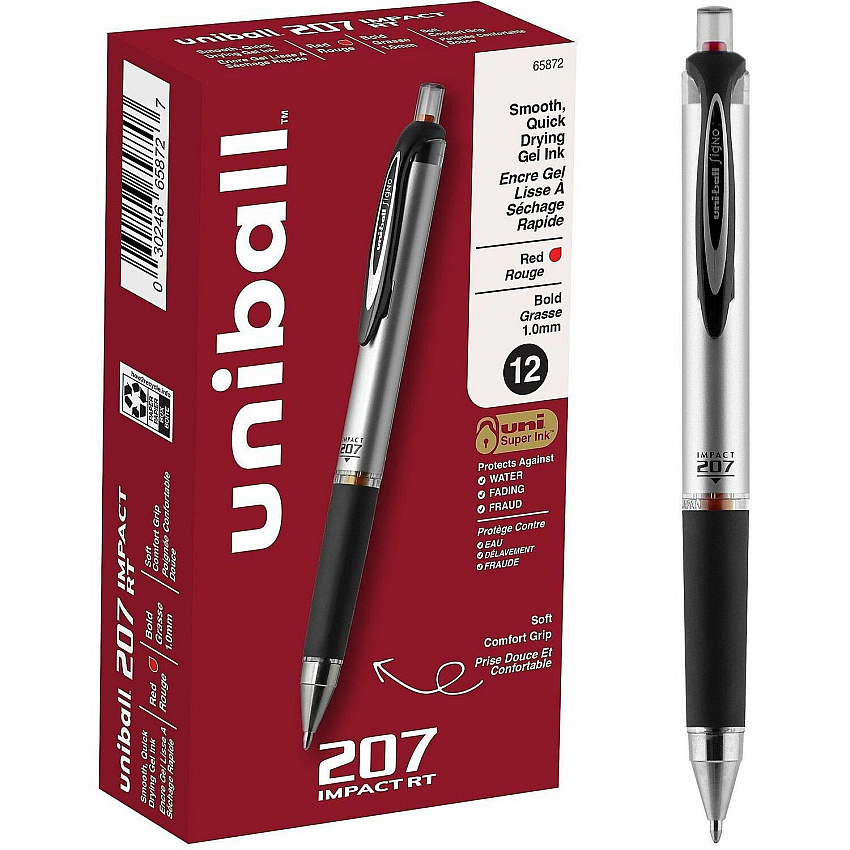 uni-ball uniball™ 207 Impact RT Gel Pens 1 mm Bold Pen Point - Refillable - Retractable - Red Ink - Gel-based - Metallic Barrel - 12 / Dozen (65872DZ)