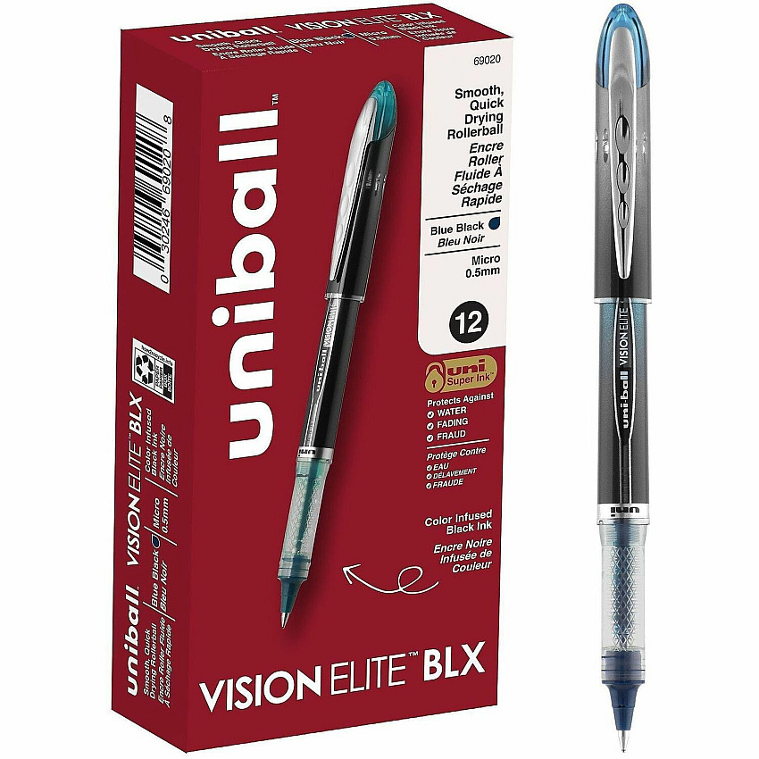 uni-ball uniball™ Vision Elite BLX Rollerball Pen 0.5 mm Micro Pen Point - Black/Blue Ink - Pigment-based - 12 / Dozen (69020DZ)