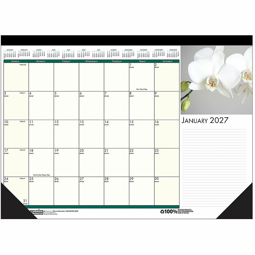 House of Doolittle EarthScapes Flowers 18-1/2" Desk Pad Julian Dates - Monthly - 12 Month - January 2027 to December 2027 - 1 Month Single Page Layout - 18 1/2" x 13" Sheet Size - 1.50" x 1.87" Block - Headband - Desk Pad - Leatherette, Chipboard - (1596)