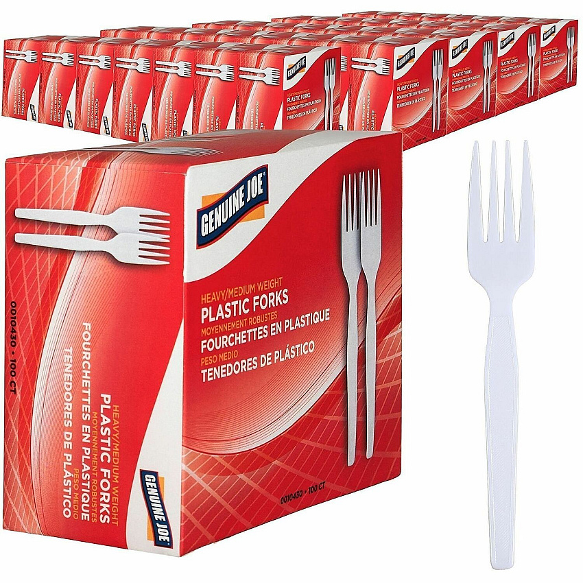 Genuine Joe Medium-Heavyweight Plastic Forks Disposable - White - 100/Box - 40 / Carton (GJO0010430CT)