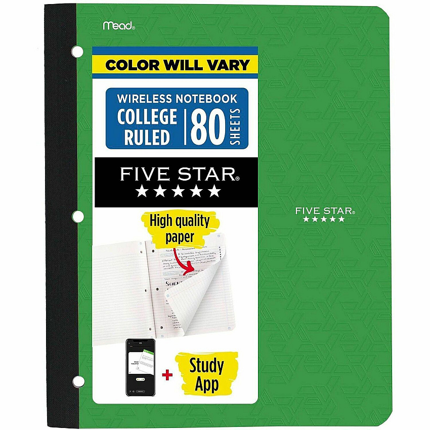 Acco Five Star 11" 1-subject Wireless Notebook 80 Sheets - Sewn - College Ruled Front Ruling - 3 Hole(s) - 9 1/8" x 11" Sheet Size - Black Plastic Cover - Pocket, Perforated, Bleed Resistant, Easy Tear, Durable Cover - 1 Each (09294)