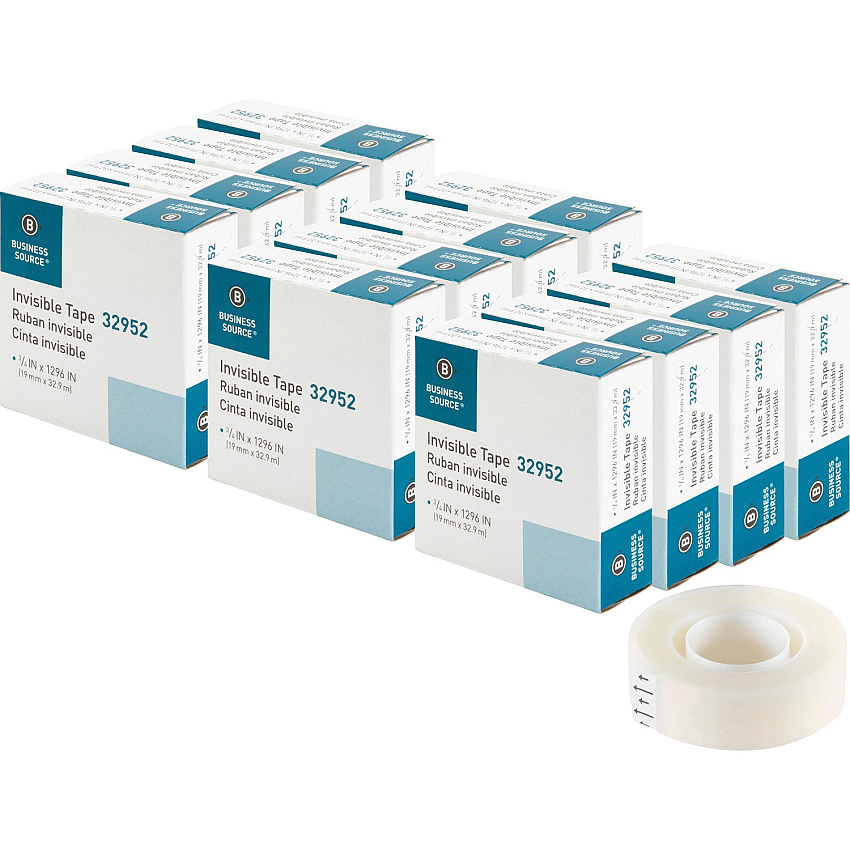 Business Source Invisible Tape Dispenser Refill Roll 36 yd Length x 0.75" Width - 1" Core - Clear - For Mending, Splicing, Holding - 12 / Box (BSN32952BX)