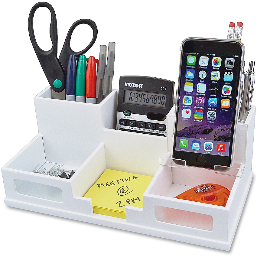 Victor Phone Holder Desk Organizer 6 Compartment(s) - 4" Height x 5.50" Width x 10.40" Depth - Stackable, Sturdy, Durable, Scratch Resistant, Scuff-free, Non-slip Feet, Cell Phone Holder - Matte White - White - Wood, Frosted Glass, Rubber - 1 Each (W9525)