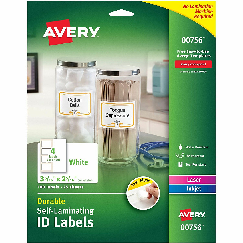 Avery&reg; Easy Align ID Label 2 5/16" Width x 3 5/16" Length - Permanent Adhesive - Rectangle - Inkjet, Laser - Matte - White - Film - 4 / Sheet - 25 Total Sheets - 100 Total Label(s) - 25 / Pack (00756)