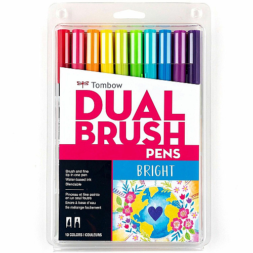 Tombow Dual Brush Pen Set Hot Pink, Orange, Chartreuse, Willow Green, Purple, Rubine Red, Process Yellow, Reflex Blue, Imperial Purple Ink - Water Based - Nylon Tip - 1 Pack (56185)