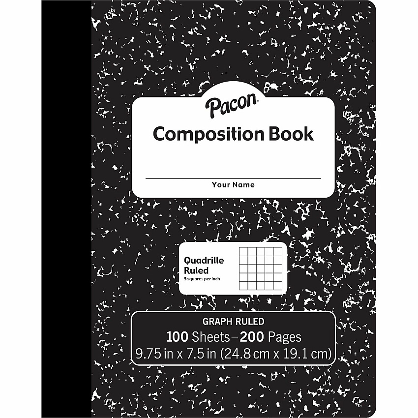 Pacon Composition Book 100 Sheets - 200 Pages - Quad Ruled Front Ruling - 0.20" Ruled - 9.75" Height x 7.5" Width x 0.1" Length - White Paper - Black Marble Cover - Durable, Hard Cover - 6 / Pack (MMK37103)
