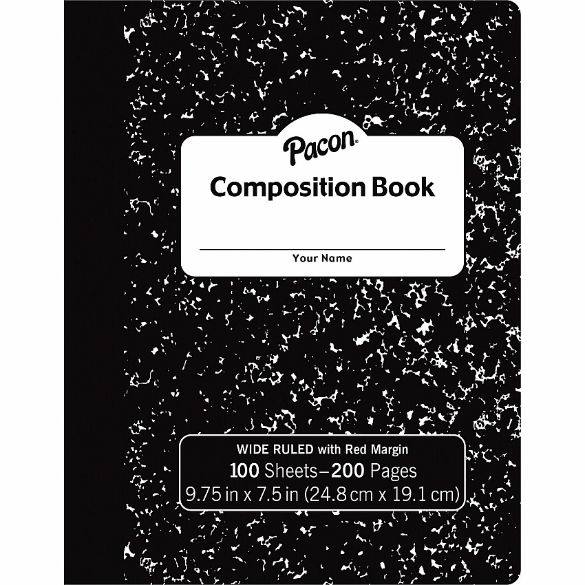 Pacon Composition Book 100 Sheets - 200 Pages - Wide Ruled Front Ruling - 0.37" Ruled - Red Margin - 9.75" Height x 7.5" Width x 0.1" Length - White Paper - Black Marble Cover - Durable, Hard Cover - 1 Each (MMK37101)