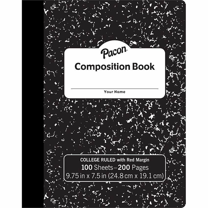 Pacon Composition Book 100 Sheets - 200 Pages - College Ruled Front Ruling - 0.28" Ruled - 9.75" Height x 7.5" Width x 0.1" Length - White Paper - Black Marble Cover - Durable, Hard Cover - 1 Each (MMK37106)