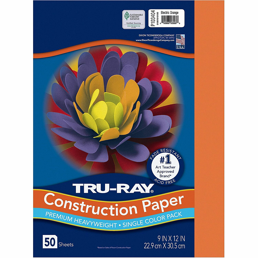 Tru-Ray Construction Paper Art Project - 12" Width x 9" Length - Electric Orange - Sulphite - 1 Pack (103404)