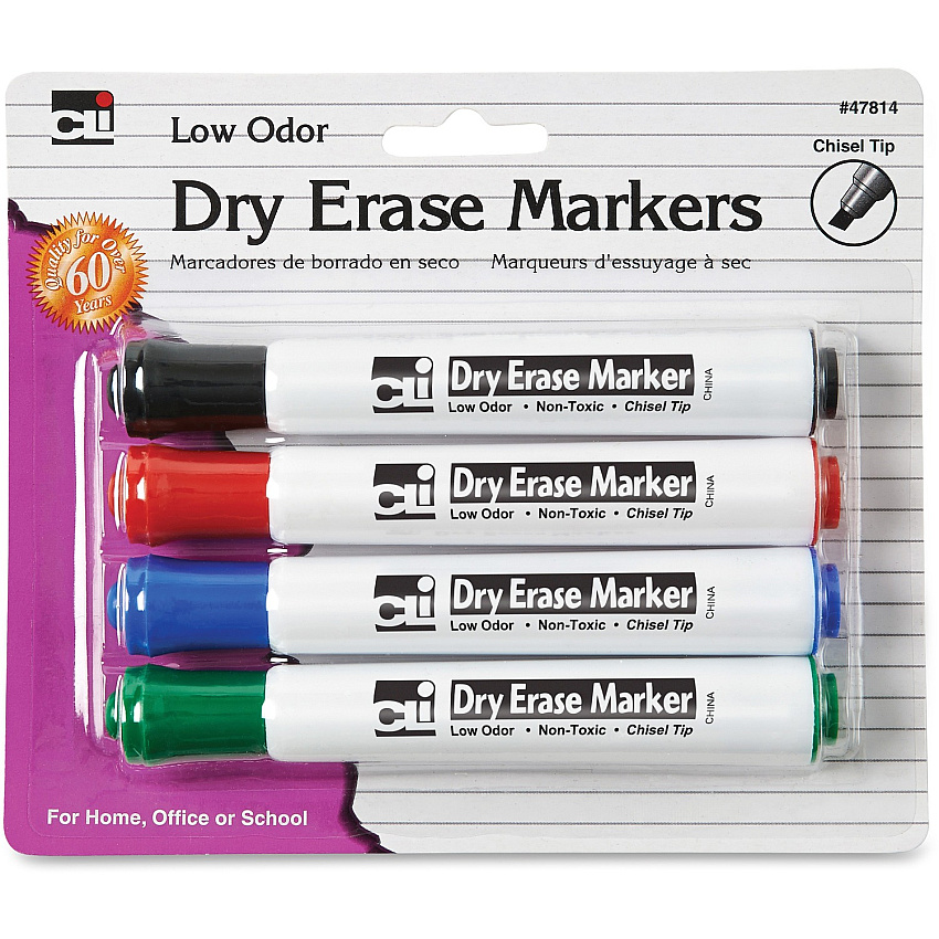 Charles Leonard Chisel Tip Dry Erase Markers Black, Blue, Red, Green Ink - 4 / Pack (47814)