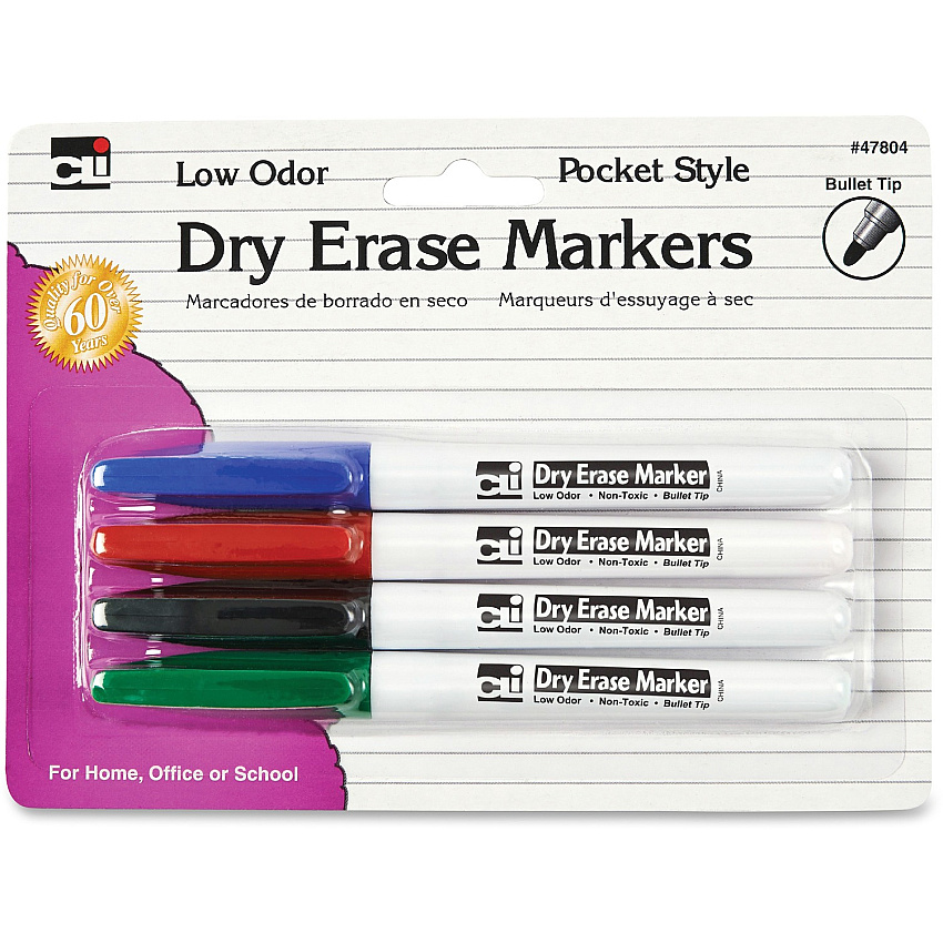 Charles Leonard Low Odor Dry Erase Markers Black, Blue, Red, Green Ink - 4 / Pack (47804)