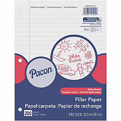 Pacon Wide Ruled Filler Paper 200 Sheets - Wide Ruled Front Ruling - 0.37" Ruled - Red Margin - 3 Hole(s) - 8" x 10 1/2" Sheet Size - White Paper - Smooth, Punched - 200 / Pack (MMK09202) Pacon Wide Ruled Filler Paper 200 Sheets - Wide Ruled Front Ruling - 0.37" Ruled - Red Margin - 3 Hole(s) - 8" x 10 1/2" Sheet Size - White Paper - Smooth, Punched - 200 / Pack (MMK09202)