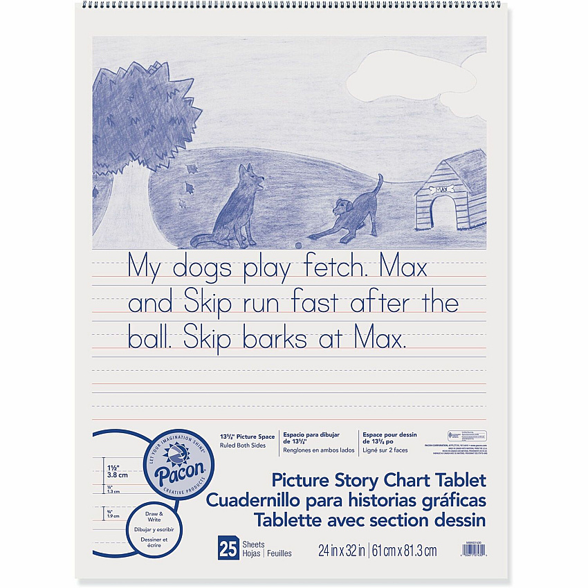 Pacon Ruled Picture Story Chart Tablet 25 Sheets - Spiral Bound - Both Side Ruling Surface - Ruled Front Ruling - 1.50" Ruled - 13.63" Picture Story Space - 24" x 32" Sheet Size - White Paper - Punched - 1 Each (MMK07430)