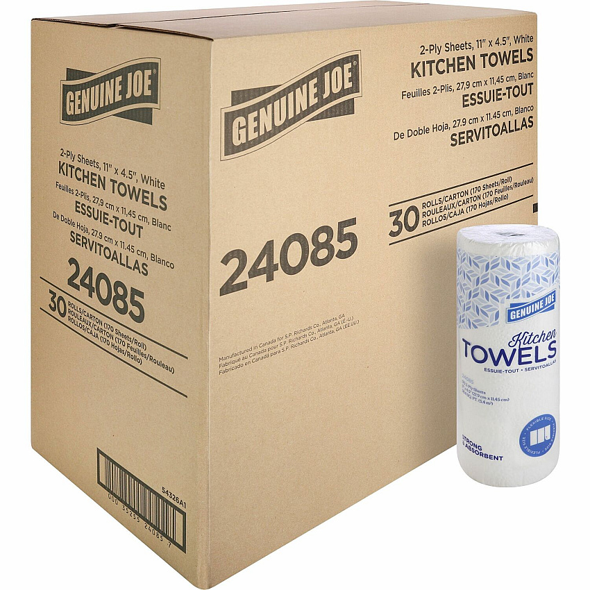 Genuine Joe Kitchen Roll Flexible Size Towels 2 Ply - 1 5/8" Core - White - Paper - 30 / Carton (GJO24085)