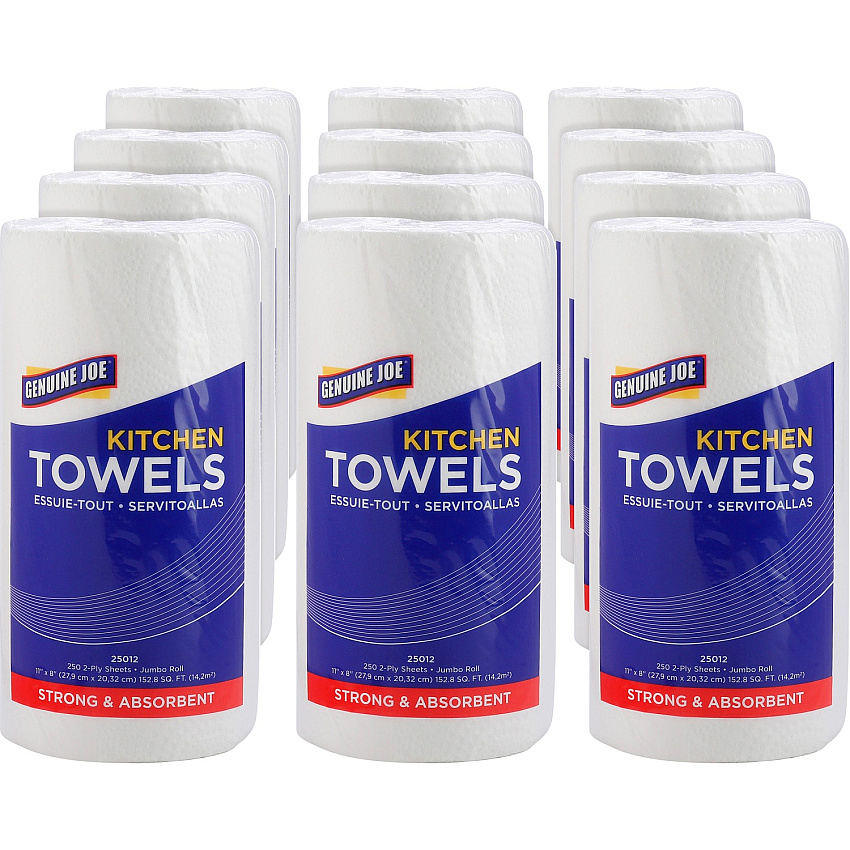 Genuine Joe Kitchen Roll Towels 2 Ply - 8" Width x 11" Length - 250 Sheets/Roll - 1 5/8" Core - White - Paper - 12 / Carton (GJO25012)