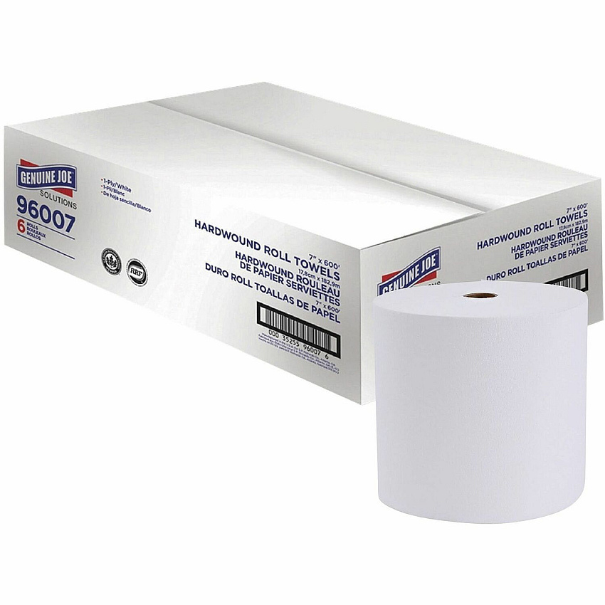 Genuine Joe Solutions 1-ply Hardwound Towels 1 Ply - 7" Width x 600 ft Length - 63/64" Core - White - Virgin Fiber - 6 / Carton (GJO96007)
