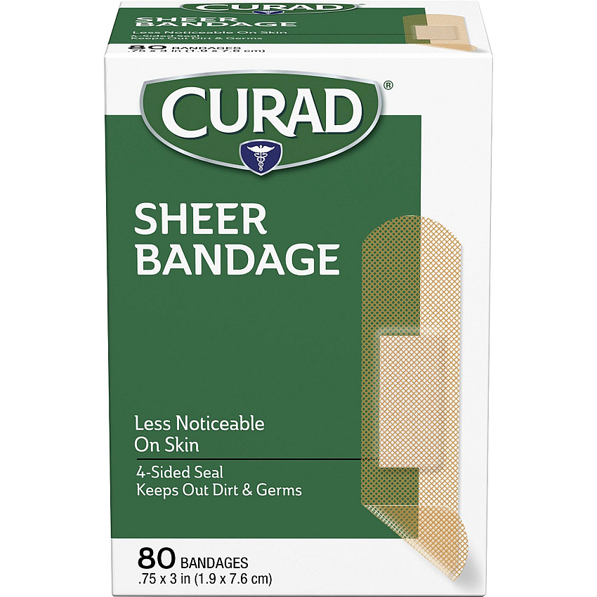 Curad Sheer Bandage Strips - 0.75" Width x 3" Length - Sheer, Clear - Fabric - 80 / Box (CUR02279RB)
