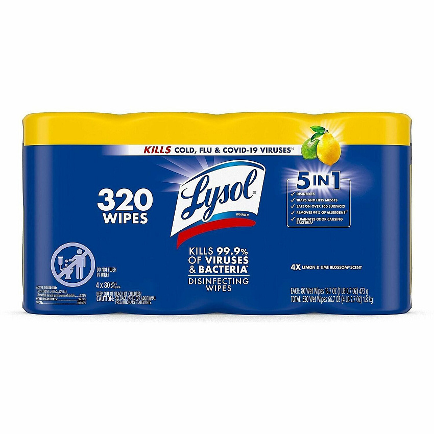 Lysol 4-pack Disinfecting Wipes For Multi Surface - Wipe - Lemon Lime Scent - Recommended For: Bacteria Remover, Virus Remover, Germs Remover, Fungi Remover, Allergen Remover, Mold Remover, Mildew Remover - Pre-moistened, Antibacterial, Disinfecta (90641)