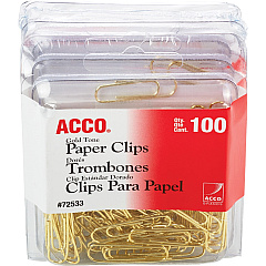ACCO Gold Tone Paper Clips No. 2 - 1.4" Length x 0.5" Width - 10 Sheet Capacity - for Office, Home, School, Document, Paper - Sturdy, Flex Resistant, Bend Resistant - Gold - 100/Box - 1 Pack (72554)