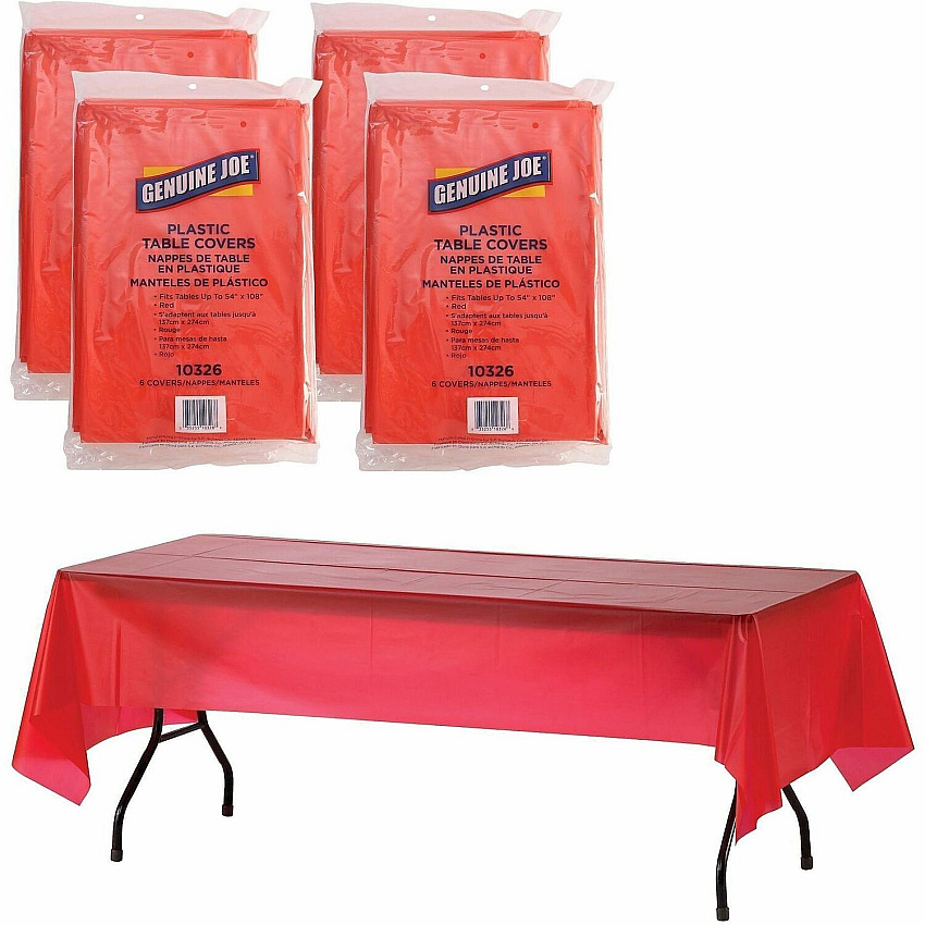 Genuine Joe Plastic Rectangular Table Covers 108" Length x 54" Width - Plastic - Red - 6/Pack - 4 / Carton (GJO10326CT)