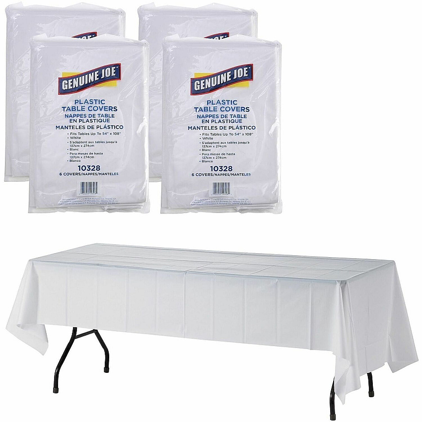 Genuine Joe Plastic Rectangular Table Covers 108" Length x 54" Width - Plastic - White - 6/Pack - 4 / Carton (GJO10328CT)