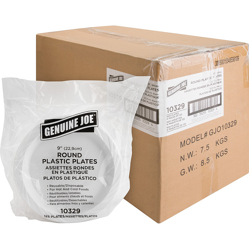 Genuine Joe 9" Reusable Plastic Plates Serving - Disposable - 9" Diameter - White - Plastic Body - 125/Pack - 4 / Carton (GJO10329CT)