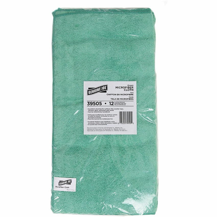 Genuine Joe General Purpose Microfiber Cloth For General Purpose - 16" Length x 16" Width - Recommended For: Dust Remover, Dirt Remover - Green - 12/Bag - 15 / Carton (GJO39505CT)