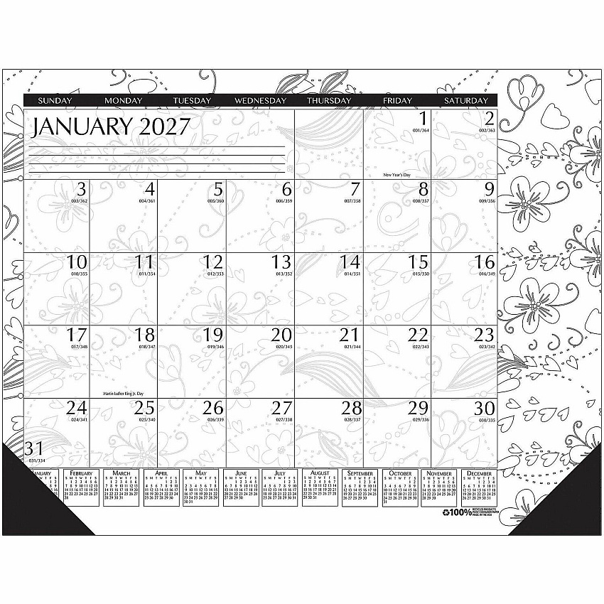 House of Doolittle Doodle Monthly Desk Pad Julian Dates - Monthly - 12 Month - January 2027 to December 2027 - 1 Month Single Page Layout - Desk Pad - Black/White - Paper - 13" Height x 18.5" Width - 1 Each (1876)