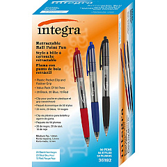Integra 1.0mm Retractable Ballpoint Pen 1 mm Medium Pen Point - Retractable - Assorted Ink - 50 / Box (36192)