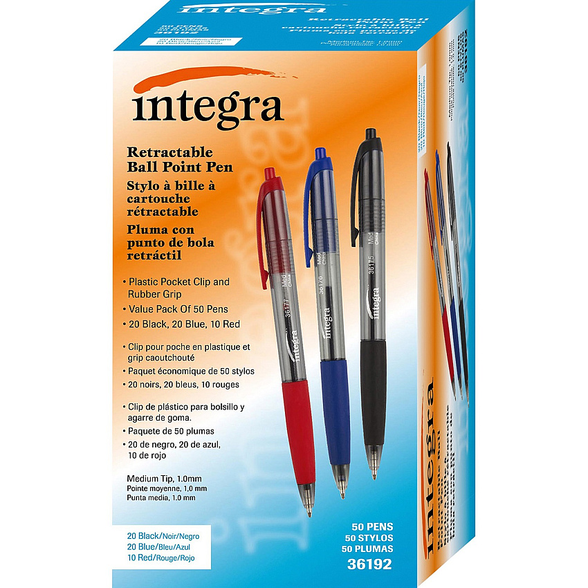 Integra 1.0mm Retractable Ballpoint Pen 1 mm Medium Pen Point - Retractable - Assorted Ink - 50 / Box (36192)