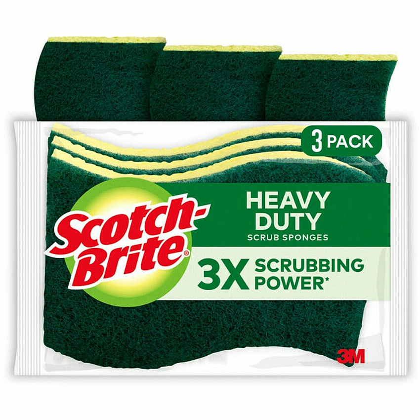 Scotch-Brite Heavy-Duty Scrub Sponges 2.8" Height x 4.5" Width x 4.5" Length x 590 mil Thickness - 3/Pack - 8 / Carton - Yellow, Green (HD3CT)