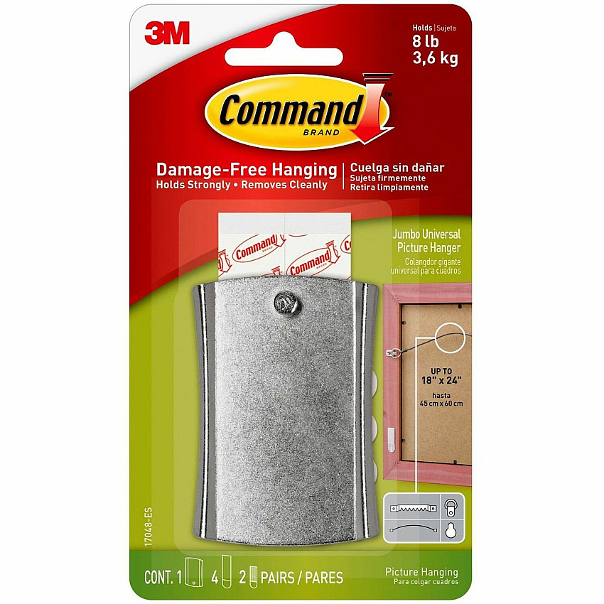 Command Sticky Nail Wire-Backed Hanger 8 lb (3.63 kg) Capacity - for Decoration, Pictures - Metal - Silver - 1 Pack (17048ES)