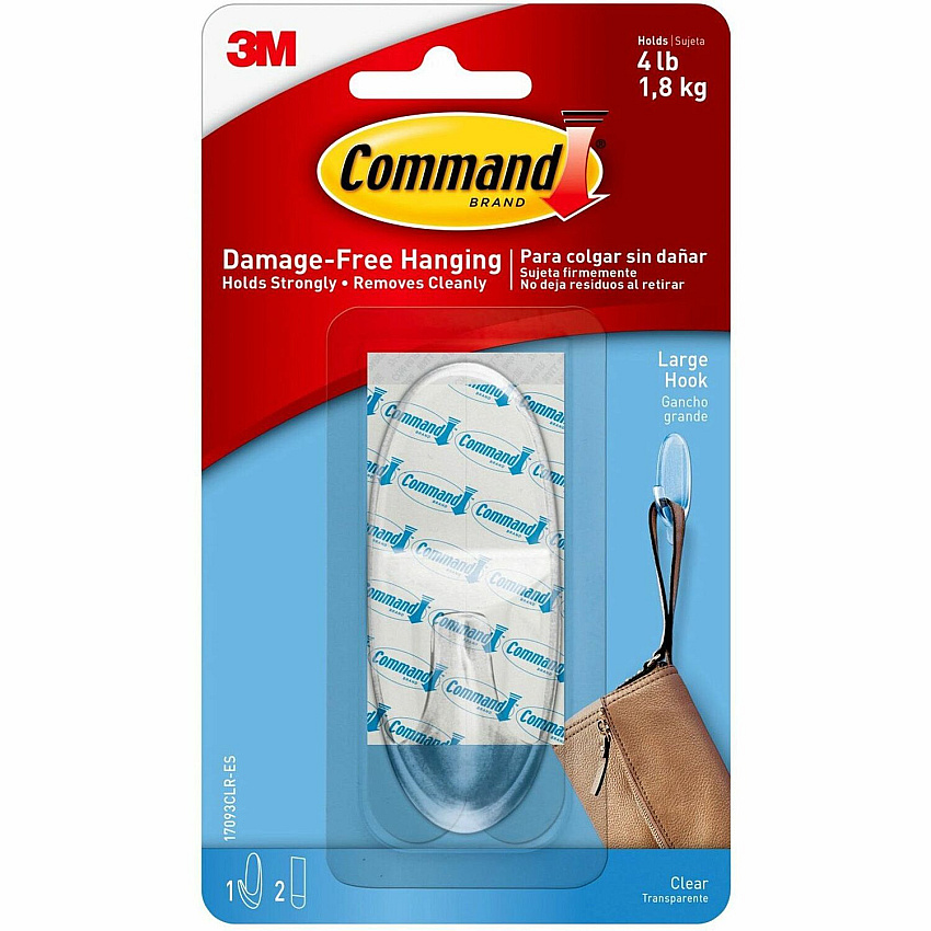 Command Large Hook with Clear Strips 4 lb (1.81 kg) Capacity - 1.4" Width x 3.4" Length - for Decoration - Plastic - Clear - 1 Pack (17093CLRES)