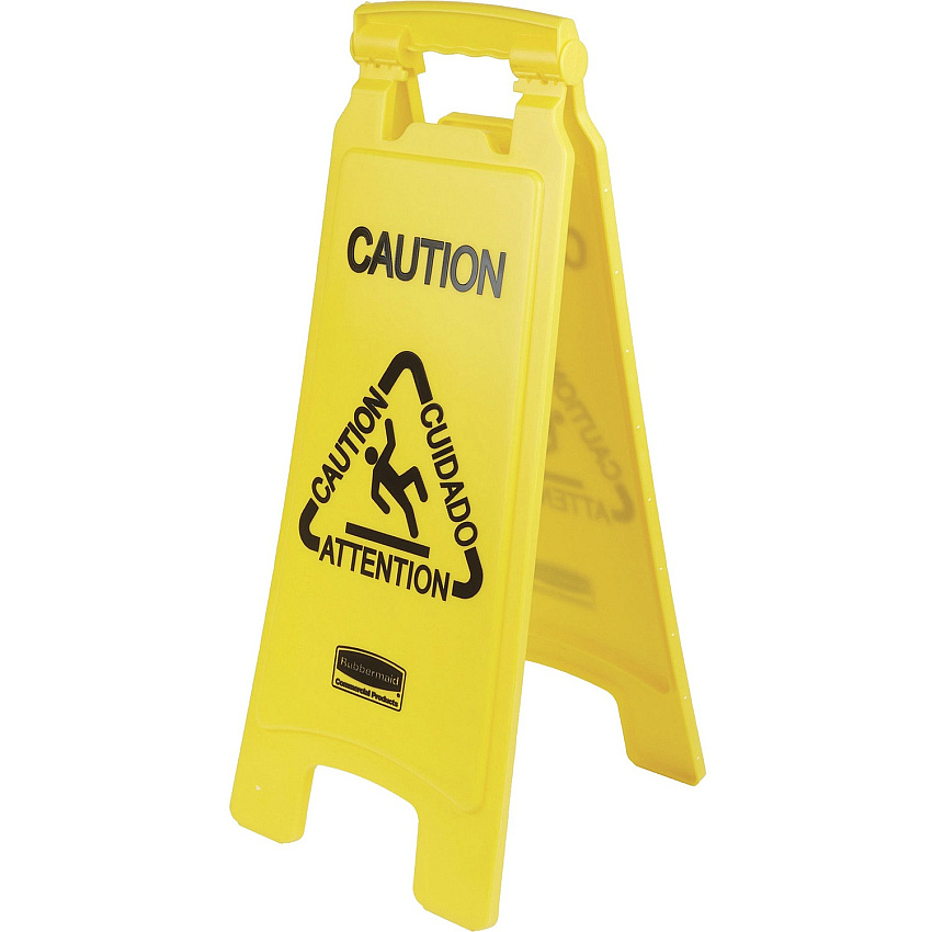 Rubbermaid Commercial Multi-Lingual Caution Floor Sign Print/Message "Caution" , "Cuidado" , "Attention" - 11" Width x 25" Height x 12" Depth - Rectangular Shape - Hanging - Double Sided - Foldable, Lightweight, Durable, Multilingual - Plasti (611200YWCT)