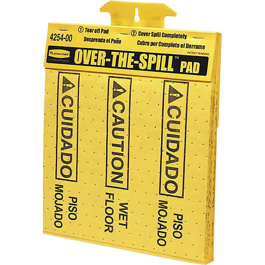 Rubbermaid Commercial Bilingual Over-The-Spill Pads Print/Message "Caution Wet Floor" , "cuidado Piso Mojado" - 12.6" Width x 16.5" Height x 16" Depth - Wall Mountable - Strong, Absorbent, Portable - Plastic, Polypropylene - Yellow - 22/Pack - 12 (4254CT)